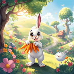 An enchanting environmental sketch set in a vibrant, lush game world featuring a cute bunny character