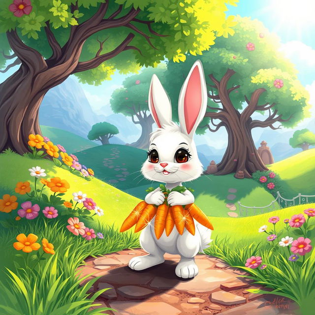 An enchanting environmental sketch set in a vibrant, lush game world featuring a cute bunny character