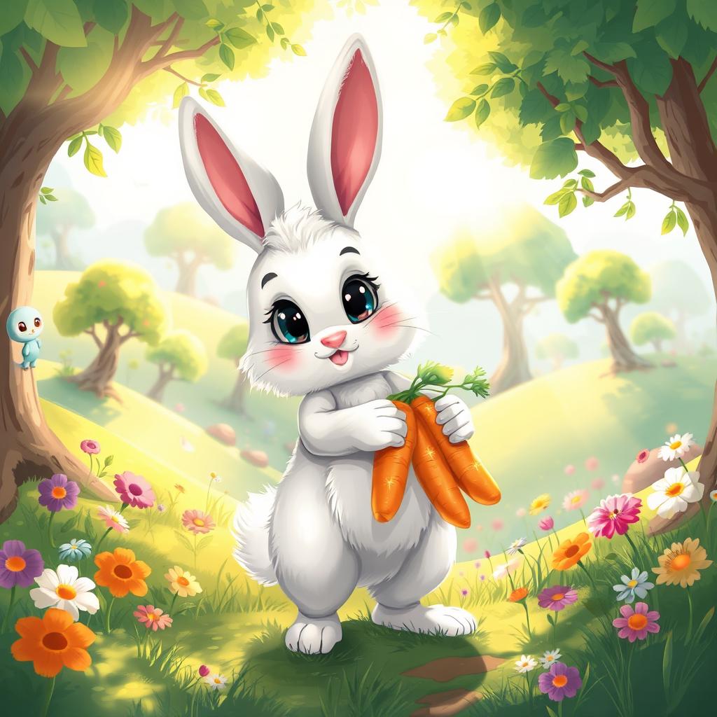 An enchanting environmental sketch set in a vibrant, lush game world featuring a cute bunny character