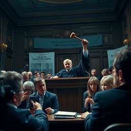A dramatic courtroom scene depicting intense witness testimonies in a high-profile case, featuring a judge in a black robe presiding over the court with a gavel raised