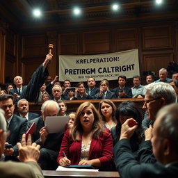 A dramatic courtroom scene depicting intense witness testimonies in a high-profile case, featuring a judge in a black robe presiding over the court with a gavel raised