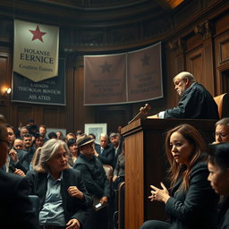 A dramatic courtroom scene depicting intense witness testimonies in a high-profile case, featuring a judge in a black robe presiding over the court with a gavel raised
