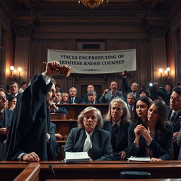 A dramatic courtroom scene depicting intense witness testimonies in a high-profile case, featuring a judge in a black robe presiding over the court with a gavel raised