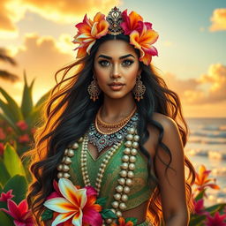 A stunning and majestic scene featuring an acute kawahi princess, beautifully adorned in traditional Hawaiian attire