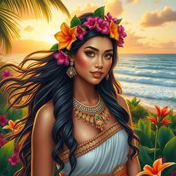 A stunning and majestic scene featuring an acute kawahi princess, beautifully adorned in traditional Hawaiian attire