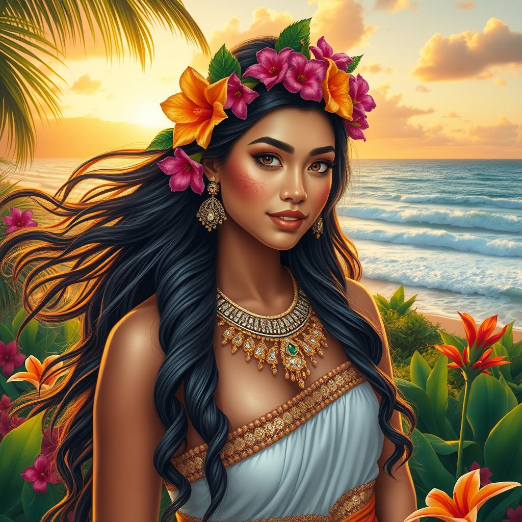 A stunning and majestic scene featuring an acute kawahi princess, beautifully adorned in traditional Hawaiian attire