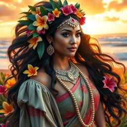 A stunning and majestic scene featuring an acute kawahi princess, beautifully adorned in traditional Hawaiian attire