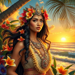 A stunning and majestic scene featuring an acute kawahi princess, beautifully adorned in traditional Hawaiian attire