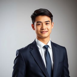 A formal business professional portrait featuring an elegantly dressed young man wearing a tailored navy suit, crisp white shirt, and a stylish tie