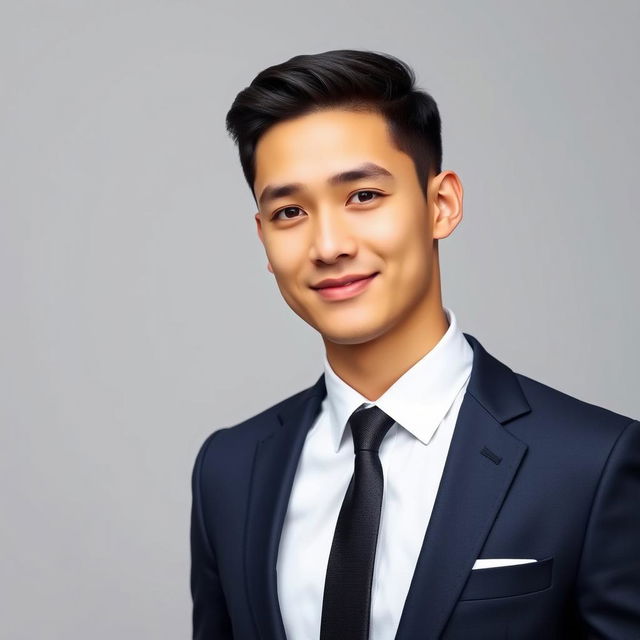 A formal business professional portrait featuring an elegantly dressed young man wearing a tailored navy suit, crisp white shirt, and a stylish tie