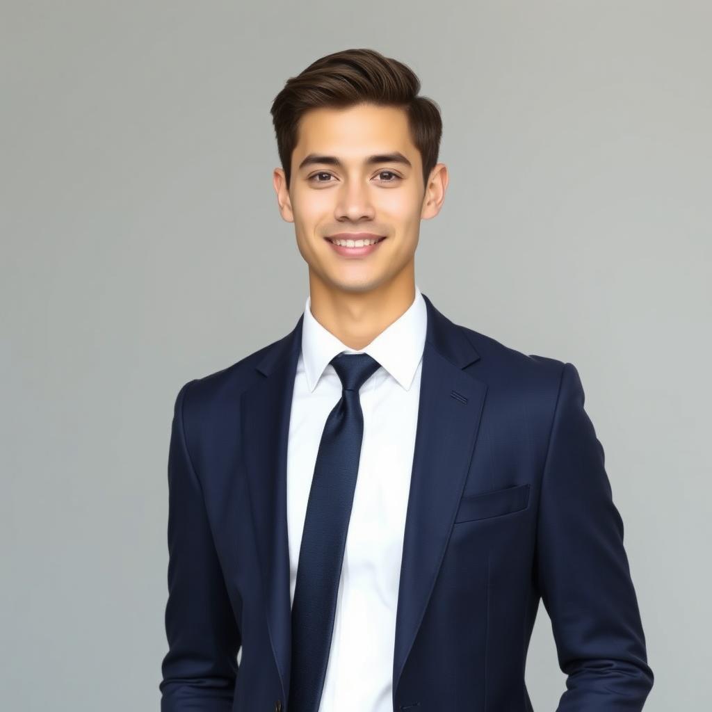 A formal business professional portrait featuring an elegantly dressed young man wearing a tailored navy suit, crisp white shirt, and a stylish tie