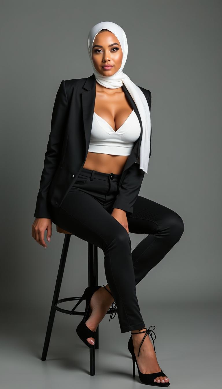A classy 20-year-old woman with a perfect body, large breasts, and a shapely figure, seated and crossing her legs while looking confidently into the camera