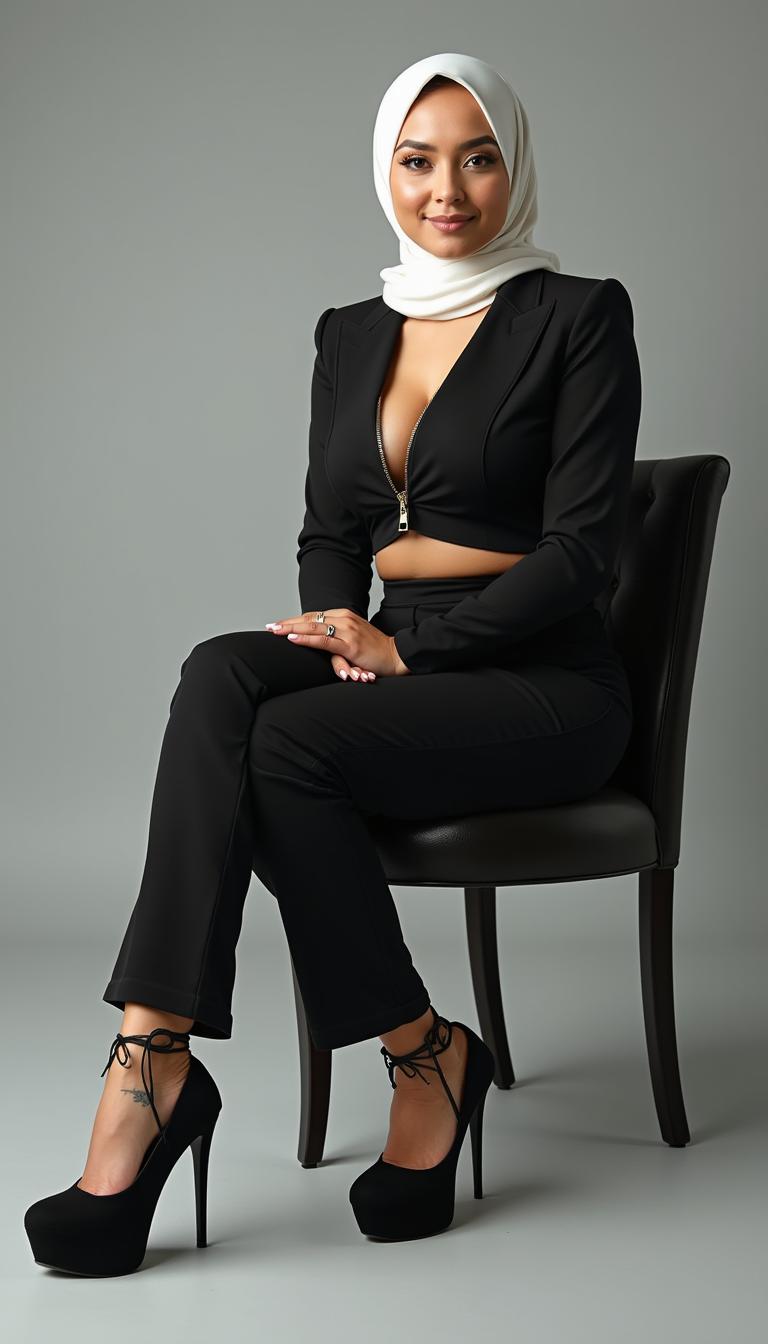 A confident businesswoman aged 50, showcasing a perfect body with pronounced curves, including large breasts and an ample backside