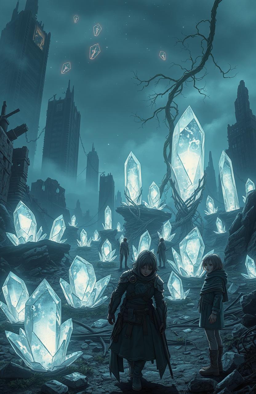 A vivid scene from a science fiction book titled 'Crystal Soul', set in a post-apocalyptic world