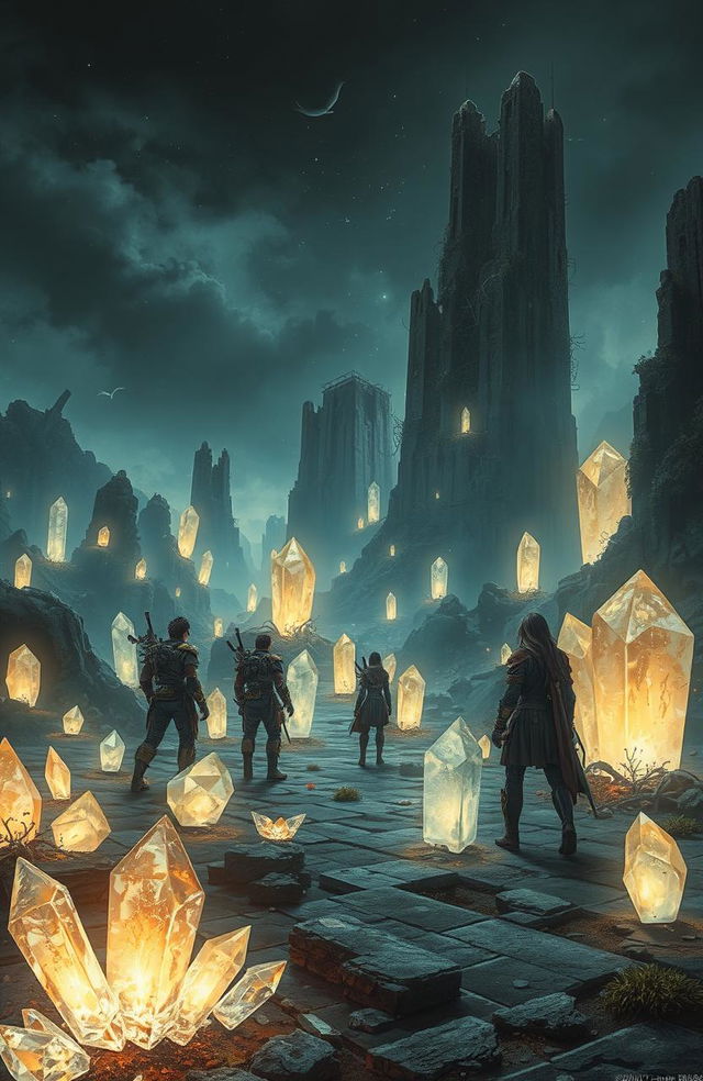 A vivid scene from a science fiction book titled 'Crystal Soul', set in a post-apocalyptic world