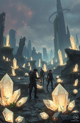 A vivid scene from a science fiction book titled 'Crystal Soul', set in a post-apocalyptic world