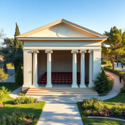 A small theater designed with modern architecture that incorporates moderate inspiration from Greek architectural elements