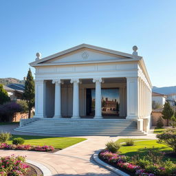 A small theater designed with modern architecture that incorporates moderate inspiration from Greek architectural elements