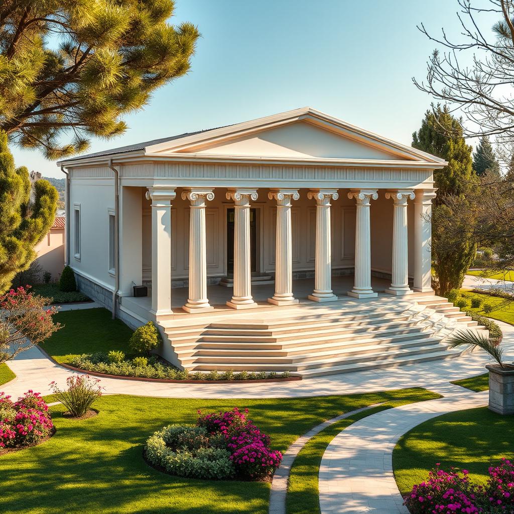 A small theater designed with modern architecture that incorporates moderate inspiration from Greek architectural elements