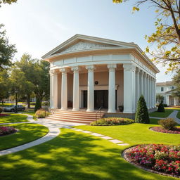 A small theater designed in modern architecture with moderate inspiration from Greek architectural concepts, featuring elegant columns, intricate moldings, and a contemporary facade