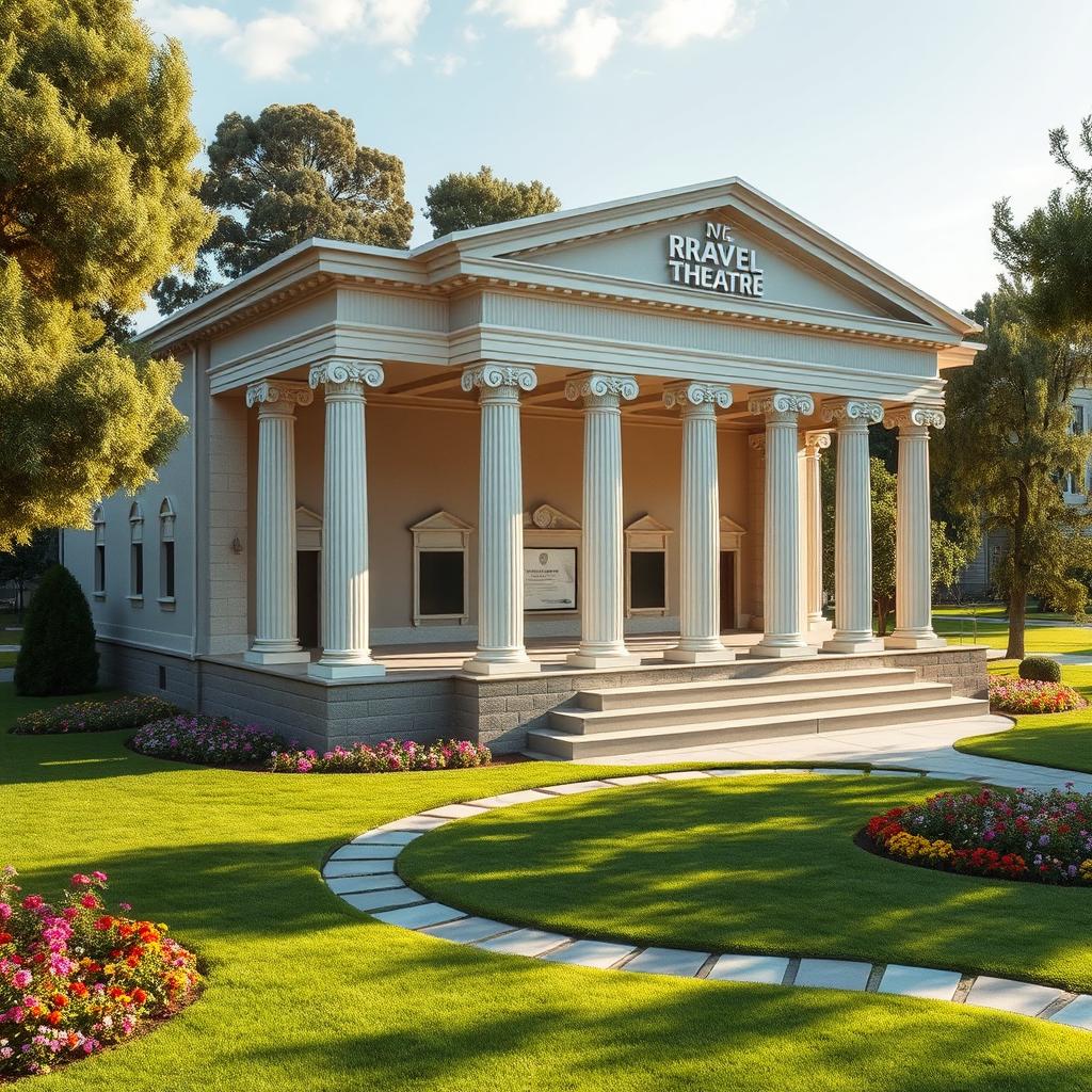 A small theater designed in modern architecture with moderate inspiration from Greek architectural concepts, featuring elegant columns, intricate moldings, and a contemporary facade