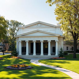 A small theater designed in modern architecture with moderate inspiration from Greek architectural concepts, featuring elegant columns, intricate moldings, and a contemporary facade