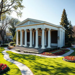 A small theater designed in modern architecture with moderate inspiration from Greek architectural concepts, featuring elegant columns, intricate moldings, and a contemporary facade