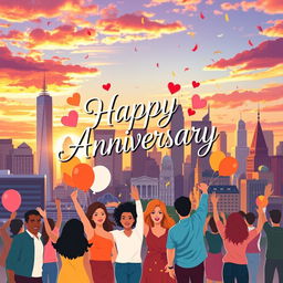 A vibrant and colorful poster celebrating an anniversary in a bustling city