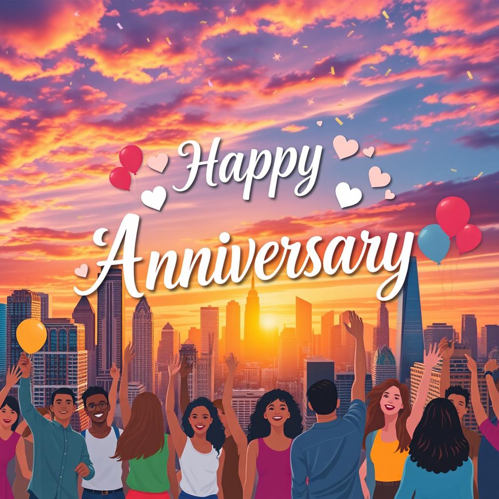 A vibrant and colorful poster celebrating an anniversary in a bustling city