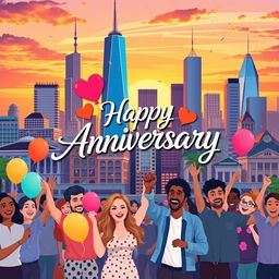 A vibrant and colorful poster celebrating an anniversary in a bustling city