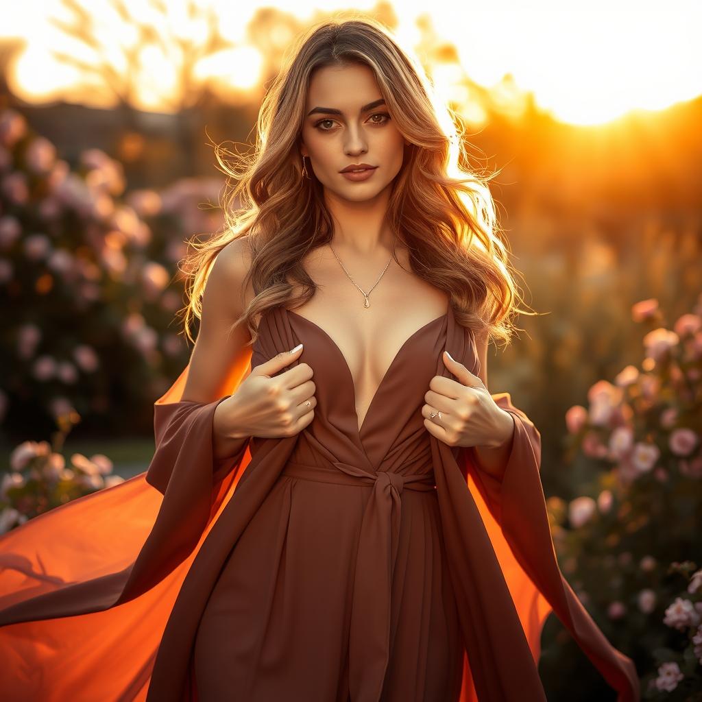 A beautiful woman in an elegant, flowing dress, gently opening the front to reveal a glimpse of her sophisticated outfit underneath