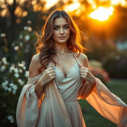 A beautiful woman in an elegant, flowing dress, gently opening the front to reveal a glimpse of her sophisticated outfit underneath