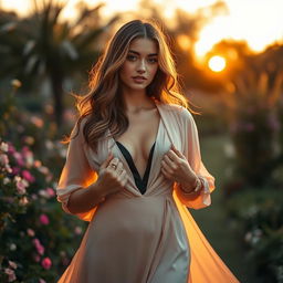 A beautiful woman in an elegant, flowing dress, gently opening the front to reveal a glimpse of her sophisticated outfit underneath