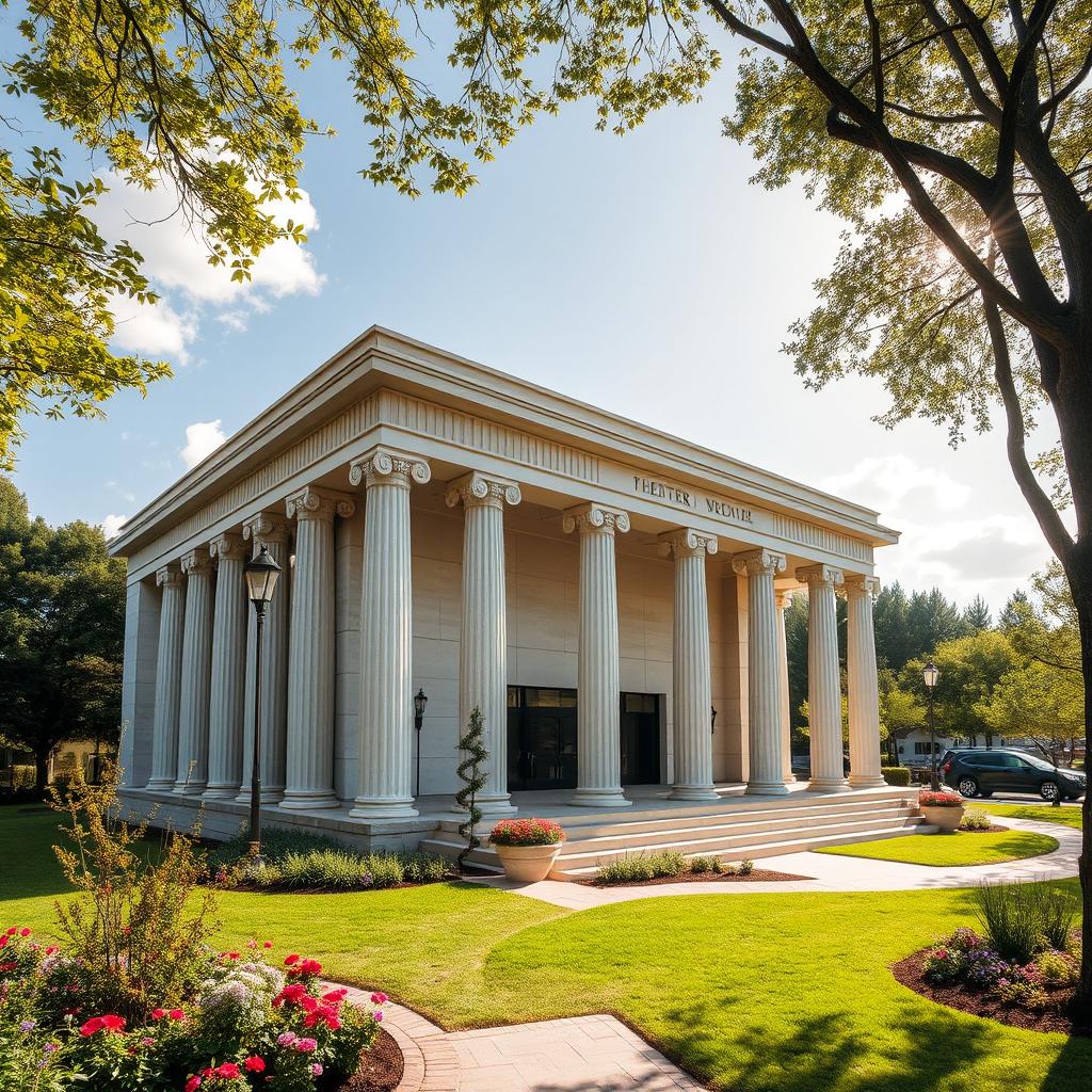 A small theater featuring modern architectural design with moderate influences from Greek architectural concepts, showcasing elements such as tall classical columns, stylish moldings, and a sleek facade