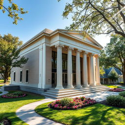 A small theater featuring modern architectural design with moderate influences from Greek architectural concepts, showcasing elements such as tall classical columns, stylish moldings, and a sleek facade