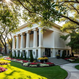 A small theater featuring modern architectural design with moderate influences from Greek architectural concepts, showcasing elements such as tall classical columns, stylish moldings, and a sleek facade