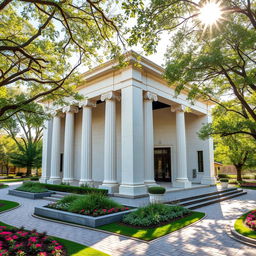 A small theater featuring modern architectural design with moderate influences from Greek architectural concepts, showcasing elements such as tall classical columns, stylish moldings, and a sleek facade