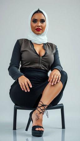 A sophisticated 50-year-old business woman exuding confidence, featuring a perfect body with large hips