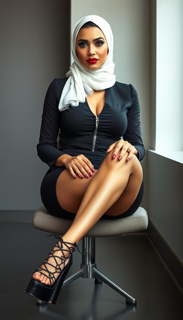 A sophisticated 50-year-old business woman exuding confidence, featuring a perfect body with large hips