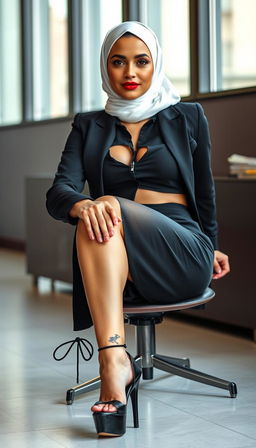 A sophisticated 50-year-old business woman exuding confidence, featuring a perfect body with large hips