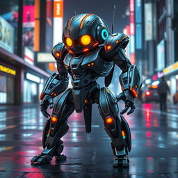 A futuristic robotic character inspired by Vando Type, featuring sleek metallic armor with intricate detail, bright neon accents, and glowing elements