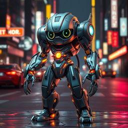 A futuristic robotic character inspired by Vando Type, featuring sleek metallic armor with intricate detail, bright neon accents, and glowing elements