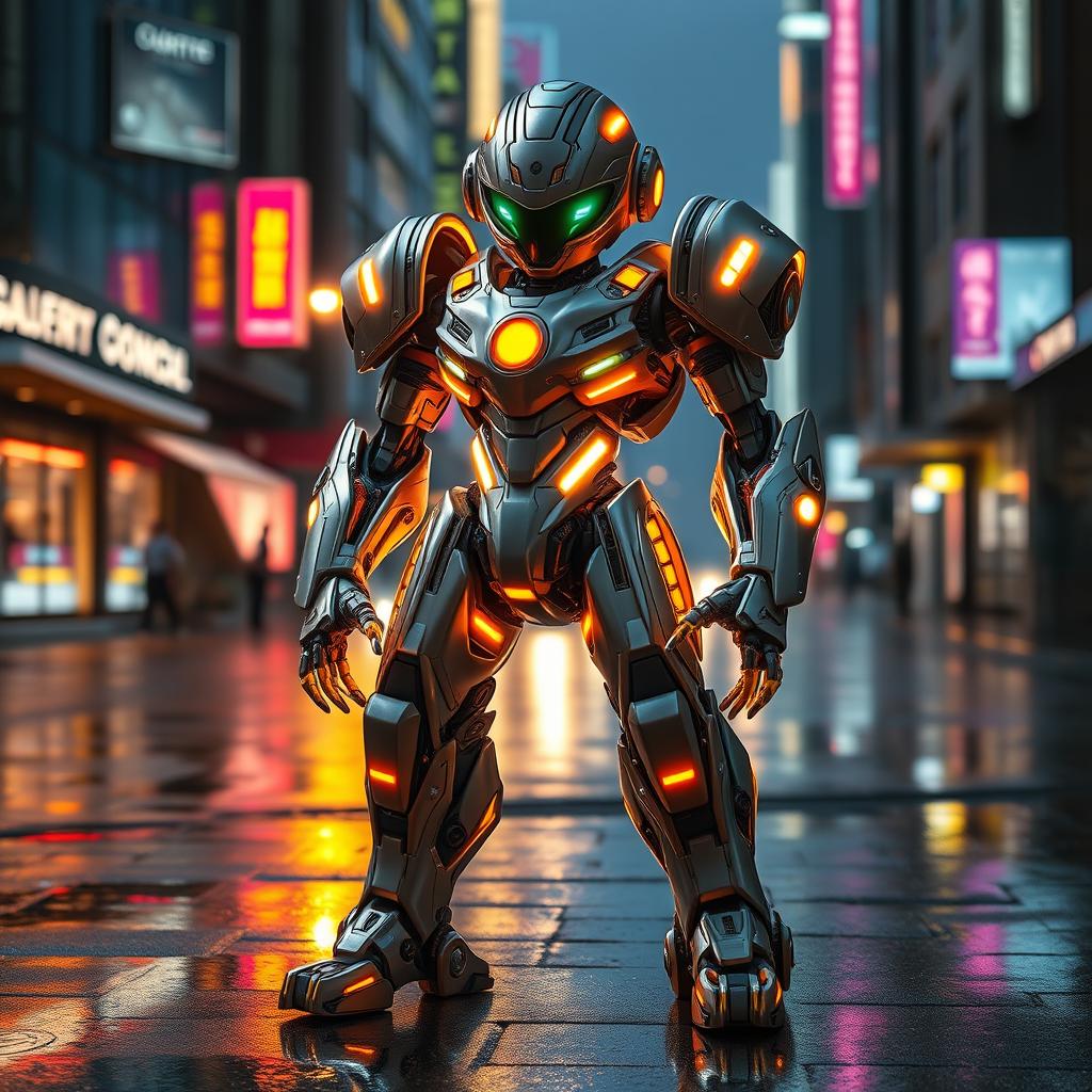 A futuristic robotic character inspired by Vando Type, featuring sleek metallic armor with intricate detail, bright neon accents, and glowing elements