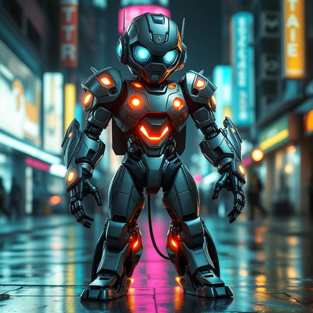 A futuristic robotic character inspired by Vando Type, featuring sleek metallic armor with intricate detail, bright neon accents, and glowing elements