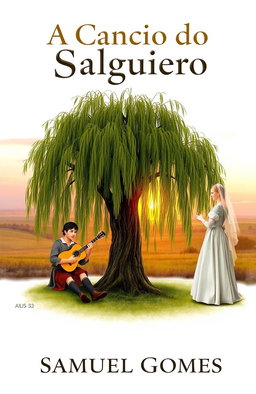 A serene scene featuring a willow tree in the center of the image