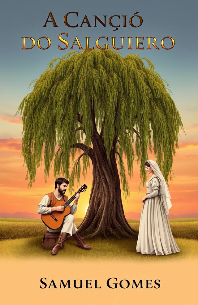 A serene scene featuring a willow tree in the center of the image