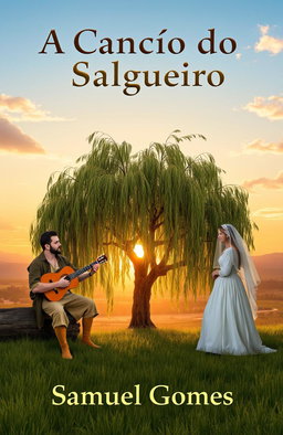 A serene scene featuring a willow tree in the center of the image