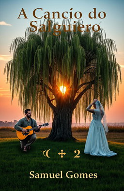 A serene scene featuring a willow tree in the center of the image