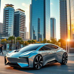 A futuristic electric car parked in a modern urban environment, showcasing sleek lines and a high-tech design with glowing accents