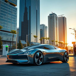 A futuristic electric car parked in a modern urban environment, showcasing sleek lines and a high-tech design with glowing accents
